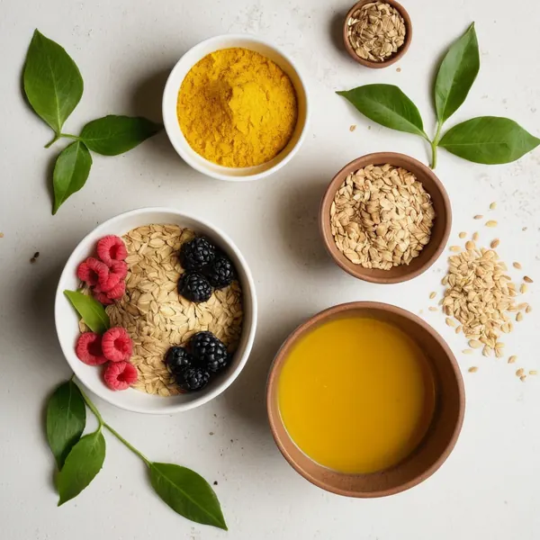 小碗裝著薑、薑黃、綠茶葉、燕麥與莓果